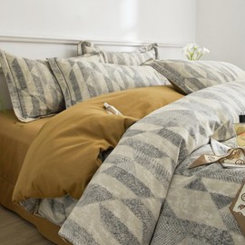 VM VOUGEMARKET Geometric Duvet Cover Queen,100% Brushed Cotton Duvet Cover Matching 2 Pillow Shams,3 Pieces Gray Beige Diamond Bedding Set Without Comforter-90x90 Inch