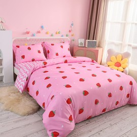 Strawberry Bed Linen Set 135 x 200 cm for Children Girls Pink Bed Linen Strawberry Stripes Reversible Duvet Cover Set 2-Piece 100% Microfibre Bed Set Soft Cute Fruit Print Bed Linen Women