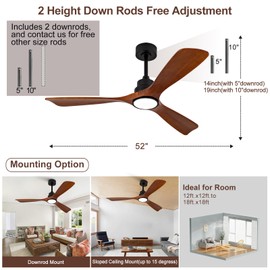 Dimmable 52 Inch Wood Ceiling Fans with Lights and Remote, Outdoor Ceiling Fan with Light, 3 Blade Indoor Outdoor Ceiling Fans for Patios, Porch, Bedroom, Living Room (Black Walnut)