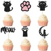 12 Pcs Cat Cupcake Topper, Black Glitter Cat Meow Cupcake