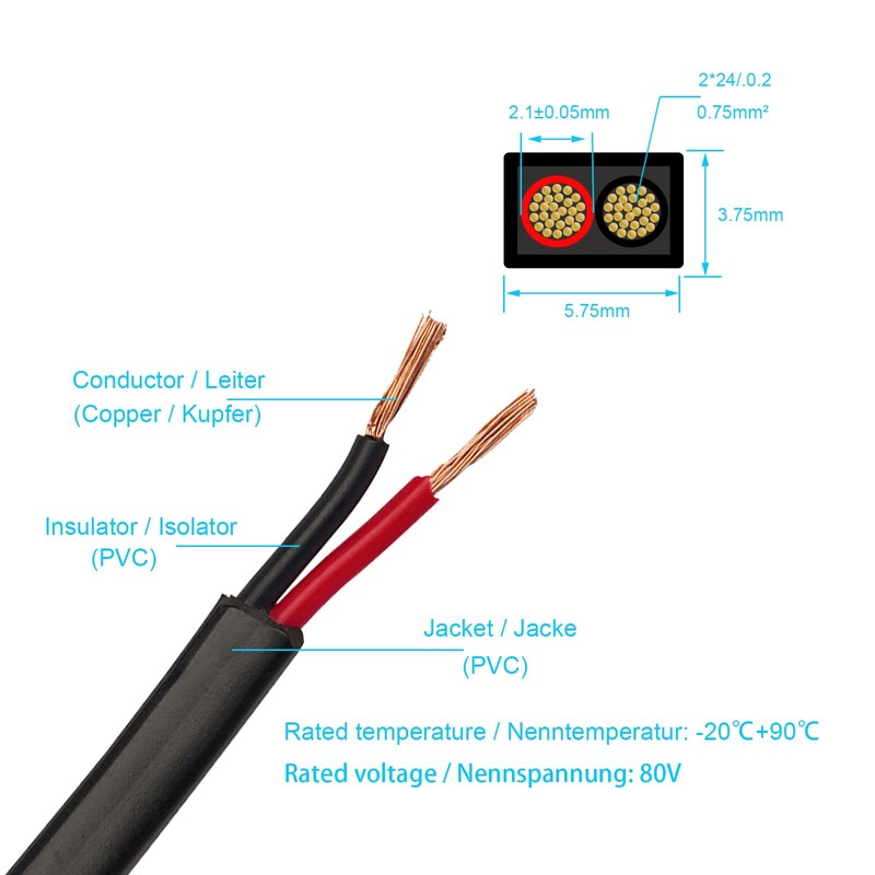 BEIJISTAR 10 m vehicle cable, 2 x 0.75 mm² flat
