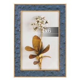 CHANG SONG 4x6inch Blue Leather with Gold Metal （Horizontal&Vertical Picture Frame, Shagreen Border w/Black Fabric Easel, Made For Tabletop,Metal Picture Frames (Blue W/Gold)