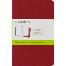 Moleskine Cahier Journal, Set 3 Noteboks with Plain Pages, Soft Cover with Visible Cotton Stiching, Colour Red, Size Pocket 9 x 14 cm