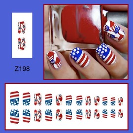 Independence Day Press on Nails Medium Square American Flag Nails 4th of July Fake Nails Blue Red Stripe White Star Design Acrylic Glue on Nails False Nails for Patriotic Party Nail Decoration 24Pcs