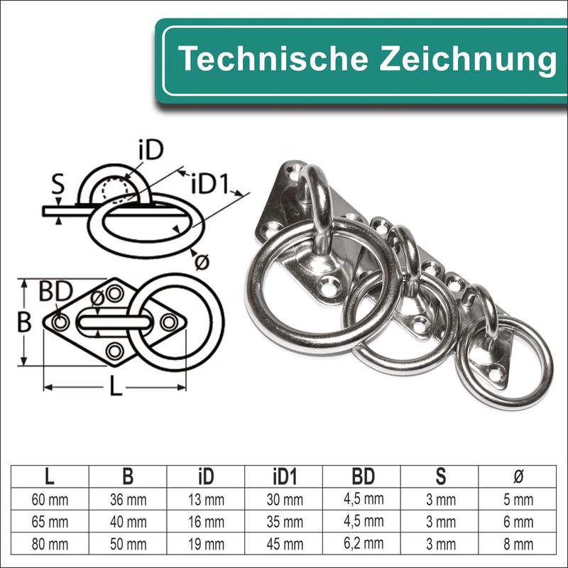PRIOstahl Eye Plate Mast Plate Diamond with Ring Mounting Hooks