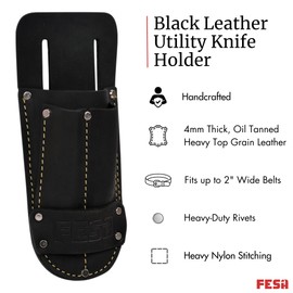 FESA Leather Utility Knife Pouch - Top Grain Leather Knife Pouch for Belt with 2 Pen/Pencil Pockets & Heavy Duty Reinforced Rivets - Fits Belts up to 2" - Handcrafted (Black)