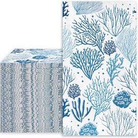 JarThenaAMCS 100Pcs Coral Reef Guest Paper Napkins White Blue 3 Ply Disposable Napkins Beach Theme Dinner Hand Towel Napkins for Party Supplies Table Decor