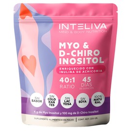 Inteliva Myo y D-Chiro Inositol en Polvo con Inulina de Achicoria, Ratio 40:1, 45 Porciones, 4g Myo Inositol y 200mg D-Chiro Inositol por Porción, Sin Sabor, Sin Aditivos, con Ácido Fólico, Zinc y Vitamina C (225g)