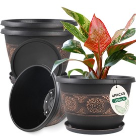 Usocik 4 Pack 10 inch Plant Pots, Retro Pattern Planters with Drainage Holes and Saucer, Sturdy Plastic Garden Flower Pots for Indoor & Outdoor Plants