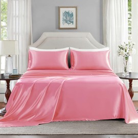 GOLAL Satin Sheets King Size - 4 Pieces Luxury Silky Soft Bed Sheets, Wrinkle-Free Pink Satin Silk Sheet Set with 1 Deep Pocket Fitted Sheet, 1 Flat Sheet, 2 Pillow Cases