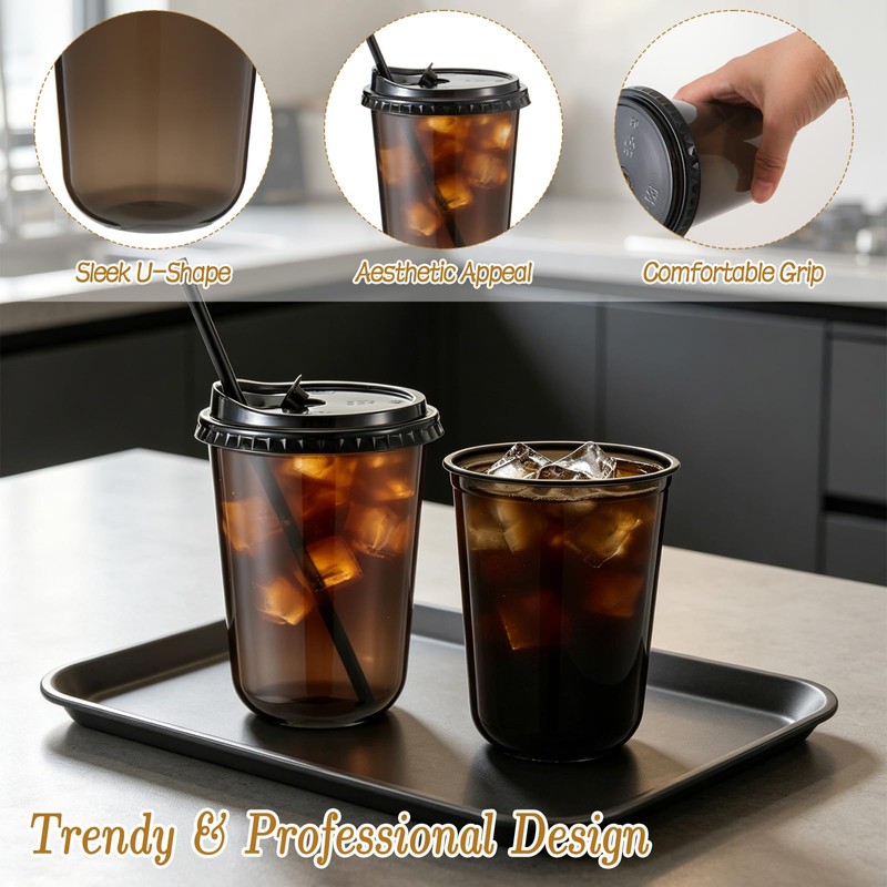 100 Set 16 oz Black Plastic Cups with Lids and