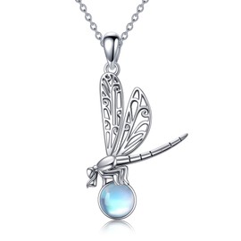 VENACOLY Dragonfly Necklace 925 Sterling Silver Moonstone / Moss Agate / Turquoise Pendant Necklace Dragonfly Jewellery Gift for Women, Sterling Silver, Moonstone