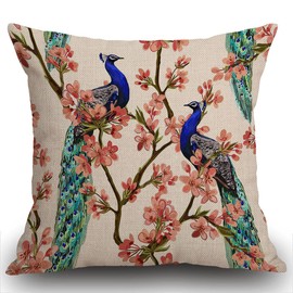 Smooffly Peacock Cushion Covers, Peacock on Tropical Japanese Flowers Tree Branches Farmhouse Pattern Cotton Linen Decorative Throw Pillow Covers Pillow Cases for Sofa 18x18 inches 45X45CM