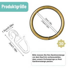 Dacitiery Pack of 30 Curtain Rings, Metal Curtain Rings with 30 Plastic Curtain Hooks for Window Door Shower Curtain, Curtain Hooks for Rails, 30 mm Inner Diameter