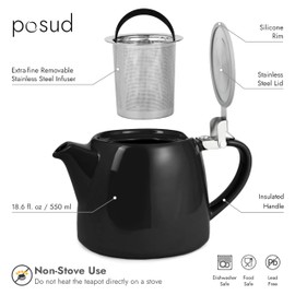 posud Teapot with Infuser – Ceramic Teapot with Strainer for 2 Cups – 550ml Small Tea Pot Infuser for Loose Tea – Stump Tea Pot with Filter for Two (Black)