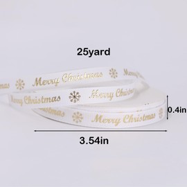 BYZANDQI Christmas Ribbon 25 Yards, 3/8" Merry Christmas Grosgrain Ribbon Glitter Gold White Satin Ribbon for Gift Wrapping Crafts Wreaths Package Decoration