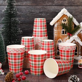 JarThenaAMCS 50Pcs Christmas Plaid Paper Cups Xmas Red Green Checkered Disposable Cups for Cold Hot Drinks Wedding Birthday Holiday Party Table Decor Supplies, 9 Oz