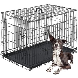 FDW Dog Crate for Large Dogs 42 Inch Folding Metal WirePet Cage Double Door W/Divider Panel Indoor Outdoor Kennel Leak-Proof Plastic Tray,Black
