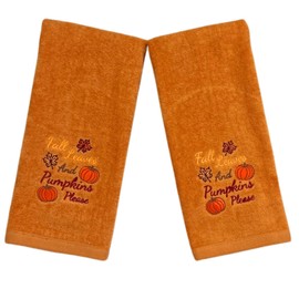 Serafina Home Fall Bath Hand Towels Bathroom Decor Farmhouse : Terracotta Rust Cotton Towels with Autumn Fall Leaves and Pumpkins Please 2 Piece Set