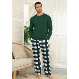 KUYIGO Mens Pyjamas Set Long Sleeve Comfortable Pajama Sets for Men Soft Lounge Wear with Pockets, Dark Green L