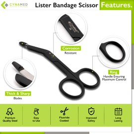 Cynamed Set of 2 Lister Bandage Scissors Tactical Black - Perfect for EMT, Paramedics, First Aid, Responders, Doctors, Nurses, Students and More (Black, 3.5 in. + 4.5 in.)