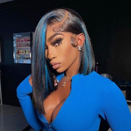 Highlight Blue Bob Wig 13x4 Front Wig with Baby Hair Side Part Black Mix Blue Wig Glueless Lace Wigs HD Transparent Lace Wig Bob Wigs Pre Plucked Hairline 150% Density (10Inch, Blue Highlight 13X4)