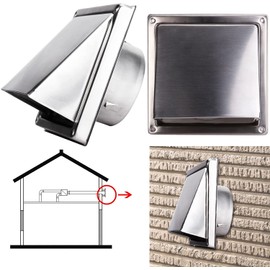 Square Cowled External Air Vent Wall Vent 150mm-6 inch, Stainless Steel Cushioned Non Return Moving Gravity Flap to Protect Against Insects，Rain and Wind Noise for Outdoor