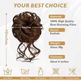 Earfodo Messy Bun Hair Piece Scrunchie Tousled Updo Hair Extensions Hair Bun Curly Wavy Ponytail Synthetic Chignon for Women Girls(12#:Light Golden Brown)
