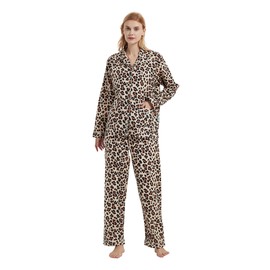 GLOBAL Women's Flannel Pajamas Set 100% Cotton PJs for Women Long Sleeve Button Drawstring Waist Warm Loungewear Sleepwear Leopard