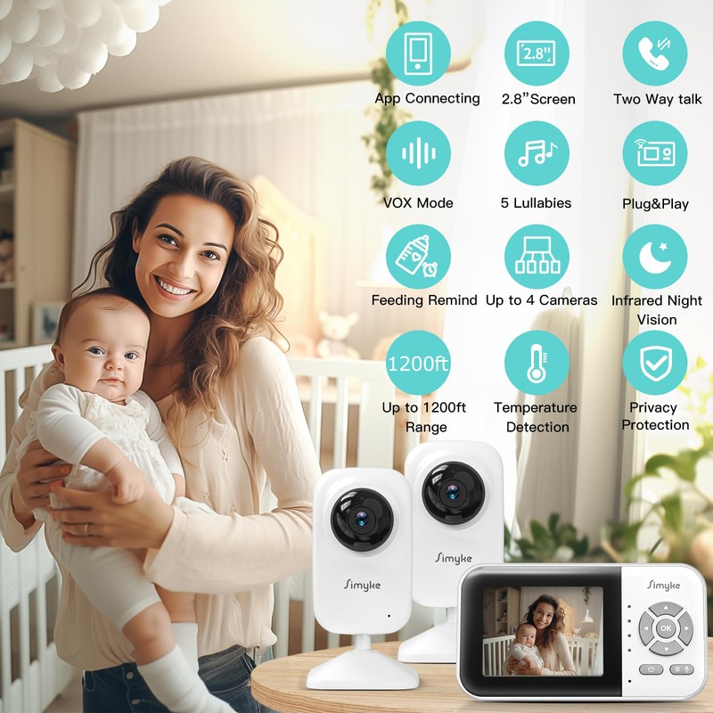 Simyke Upgrade Video Baby Monitor with 2 Cameras and Audio