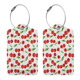 Buyidec 2 Pack Sweet Red Cherry Luggage Tags for Suitcases, Leather Baggage Tag with LoopName Id Card Cover Travel Bag Labels Set for Women Men Boys Girls Kids