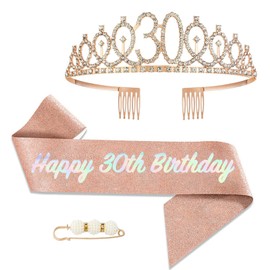 30th Birthday Girl Sash and Tiara,Rose Gold 30th Birthday Crown and Sash for Her,Girls 30th Birthday Decorations Party Accessories,Birthday Crown Costume Set for Girls 30th Birthday Gifts