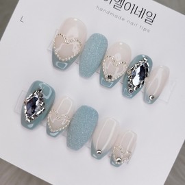 Sky Blue Lovely Chain Heart Handmade Nail Tip - Oval / 스카이블루 러블리체인하트수제네일팁 - 오벌