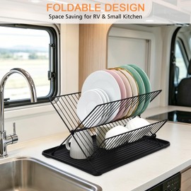 RV Foldable Dish Drying Rack, 2-Tier with Drip Tray, Stainless Steel Collapsible Rack for Sink & Kitchen Countertop, Space-Saving Dish Drainer Organizer for Dishes, Bowls, Plates, Cups