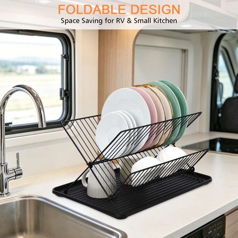 RV Foldable Dish Drying Rack, 2-Tier with Drip Tray, Stainless