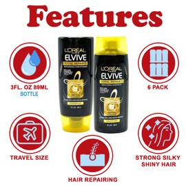 L’Oréal Paris L'oreal Travel Shampoo and Conditioner Set, 6 Count, Travel Size Bottles, Restoring Total Repair Mini Shampoo & Conditioner for Hair Repair, TSA Approved Hygiene Essentials, 3 oz Each