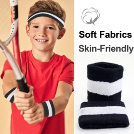 Kids Sweatbands Headband Wristband Set - Athletic Cotton Sweat Band for Sports - Ultimate Sweat-Absorbing 3-piece Set (1 Headband + 2 Wristbands) (Black+White)