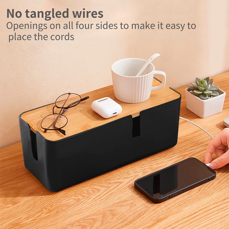 JJQHYC Cable Box Black Cable Box with Bamboo Lid Large