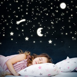 Wandkings Sonne, Mond und Sterne, 166 Sticker für Sternenhimmel, extra starke Leuchtkraft, Wandsticker Leuchtaufkleber, Fluoreszierend und im Dunkeln leuchtend