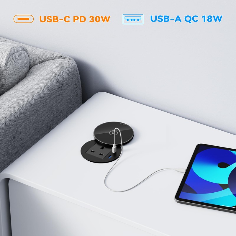 Ohuo Recessed Power Socket with 15W Wireless Charger, Desk Grommet