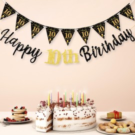 TOPWAYS Decoration 10th Birthday Banner Girls Boys, Black Gold Birthday Decoration 10th Birthday Garland Happy 10th Birthday Banner Bunting for 10 Birthday Boys Girls Decoration (Birth10)