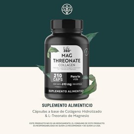 Life 360 Threonate Mag  1830 mg por porcin  210 Cpsulas con L-Treonato de Magnesio, Colgeno Hidrolizado, Estearato de Magnesio                        