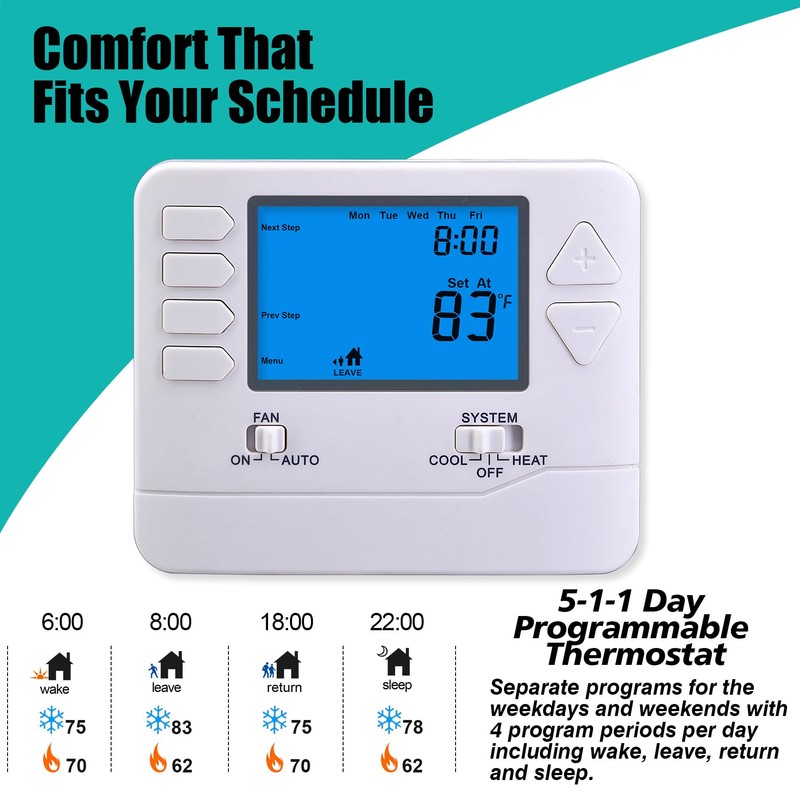 Suuwer 5-1-1 Day Programmable Thermostats for Home 1 Heat/ 1