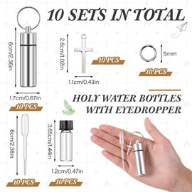 Tandefio 10 Sets Holy Water Bottle Anointing Oil Bottles Keychain Vial with Eyedropper Cross Pendant for Travel Baptism Favor(Silver)