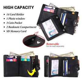 HUMERPAUL Mens Wallet with Chain RFID Blocking Men's Genuine Leather Wallet Bifold Wallet with Credit Card Holder and Zipper Coin Pocket Purse, Black