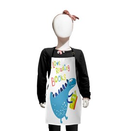 Ambesonne Library Love Apron, Happy Dinosaur Cartoon Character and Funny Colorful Writing of Book Love, Small Apron Bib with Adjustable Ties for Baking Painting, Small Size, White Multicolor