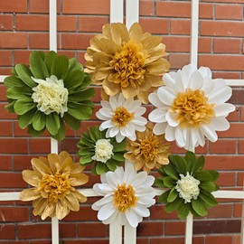 Mybbshower Crepe Paper Flower for Wall Decor Girls Birthday Party Backdrop Baby Shower Nursery Room Decoration Pack of 9 (Gold White Green)