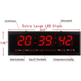 21.6 Inch Oversized LED Digital Wall Clock Large Display with Indoor Temperature Date and Day of Week,Electric Wall Clock/Calendar Timer Home Decor -Red