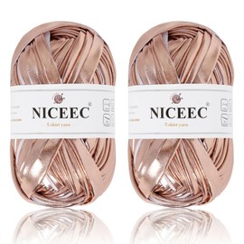 NICEEC 2 Skeins Metal T-Shirt Yarn, Bright, Glossy, Crochet & Knitting, Fabric Cloth Yarn with Single-Side Color, Handmade DIY Craft Bag Basket Cushion-Totle Length 64yds(7.1oz) - Champagne