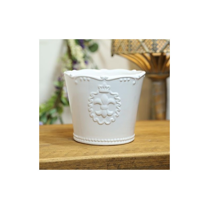 Fyne-Finds White Ceramic Fleur De Lis Planter 15cm, 6inch Table